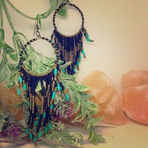 Boho beaded chandelier earrings TEAL GOLD & BLACK